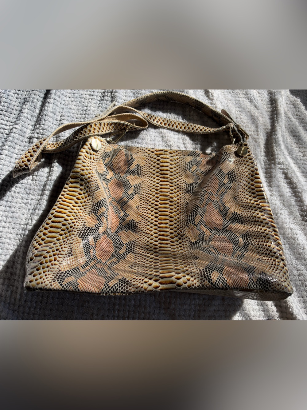 Snake-Print Shoulder Bag in Brown and Tan